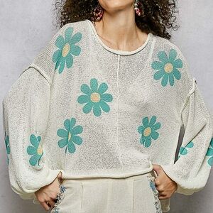 NWT POL Bohemian Ivory Turquoise Daisy Sweater S M L